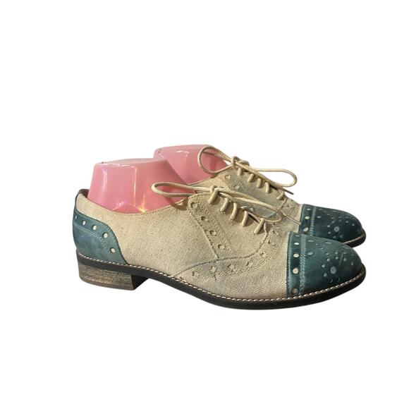 Mizz Mooz Maisey Oxford Green Off White Leather Text Tile Women's Size 9 M Used - Picture 1 of 8
